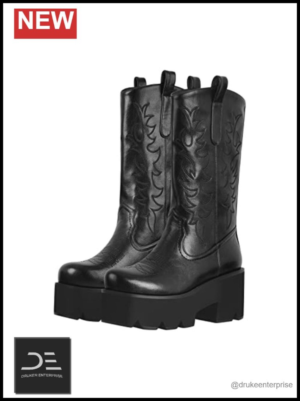 Mid Calf Embroidered Cowgirl Boots Pull-On Chunky Heeled Platform Booties for